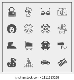 Modern, simple vector icon set with palm, dryer, space, left, leather, astronaut, toy, shape, tropical, money, rubber, collection, poker, blow, highway, cart, duck, trolley, boat, care, water icons