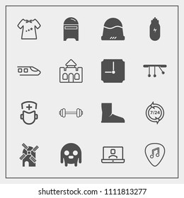 Modern, simple vector icon set with communication, space, baby, musical, letter, alien, workout, medical, envelope, call, gym, post, power, fitness, kid, doctor, medicine, clothes, guitar, mail icons