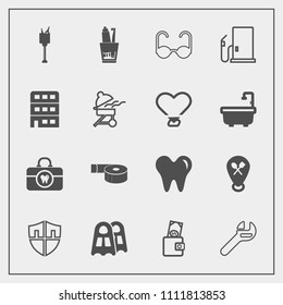 Modern, simple vector icon set with glasses, alcohol, sea, dollar, water, sunglasses, toothpaste, wrench, healthy, money, fashion, toothbrush, wine, sport, ice, location, purse, protection, tool icons