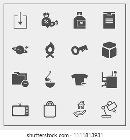 Modern, simple vector icon set with document, rent, present, clothes, lamp, screen, property, home, desk, hygiene, mouth, sign, package, web, download, tv, food, dinner, data, sweet, care, meal icons