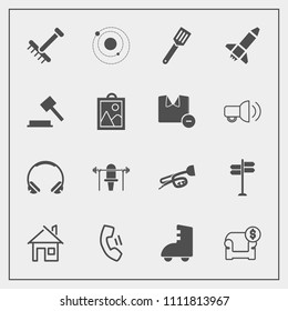 Modern, simple vector icon set with music, rocket, cooking, modern, gardening, trumpet, kitchen, architecture, sport, white, planet, justice, space, raking, audio, technology, direction, autumn icons