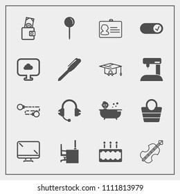 Modern, simple vector icon set with kid, id, , wallet, cake, document, identification, dollar, bath, screen, sound, leather, purse, map, speaker, fashion, baby, cello, office, table, money, pie icons