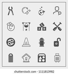 Modern, simple vector icon set with security, tool, hydrant, space, house, cooking, bear, toy, star, industrial, step, protection, astronaut, fire, bird, airport, home, cheese, birdhouse, play icons