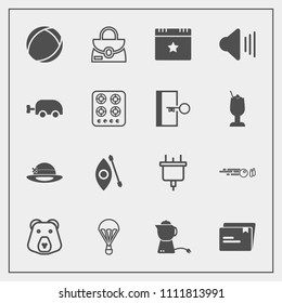 Modern, simple vector icon set with drink, grizzly, river, wild, bag, hobby, ball, file, activity, hit, paper, parachute, hat, leather, sport, electricity, bear, volume, plug, nature, sky, sign icons
