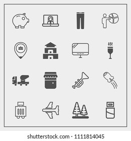 Modern, simple vector icon set with construction, computer, communication, finance, forest, spaceship, rocket, luggage, bag, landscape, economy, plane, mixer, call, clothes, fashion, clothing icons