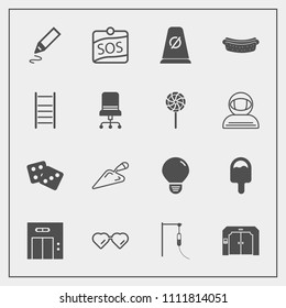 Modern, simple vector icon set with entrance, food, medicine, modern, label, construction, idea, fashion, hotdog, sunglasses, dice, traffic, dinner, meat, elevator, interior, sign, medical, road icons