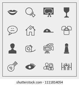 Modern, simple vector icon set with user, restaurant, folk, frame, strategy, electrical, business, lips, worker, team, find, string, piece, chess, tripod, award, magnifying, beautiful, musical icons