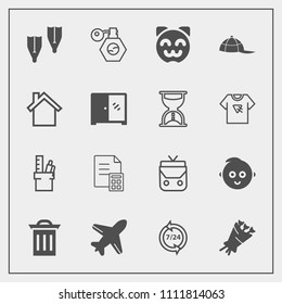 Modern, simple vector icon set with kid, flipper, office, operator, plane, object, blossom, perfume, bag, trash, aircraft, sea, call, financial, work, recycle, service, cat, money, banking, baby icons