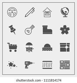 Modern, simple vector icon set with sun, astronomy, tool, customer, box, machine, store, drill, education, hand, equipment, medicine, globe, concept, vehicle, pencil, write, light, sunrise, pen icons
