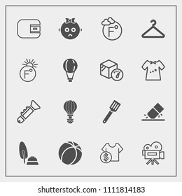Modern, simple vector icon set with finance, price, tripod, parachuting, jump, wallet, baby, rubber, food, retro, video, sport, camera, cash, movie, education, purse, temperature, pan, sky, ink icons