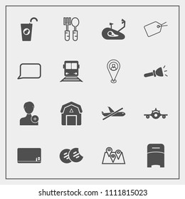 Modern, simple vector icon set with dinner, account, location, furniture, fitness, blank, travel, flight, restaurant, chalk, juice, bedroom, snack, human, bike, fruit, food, kitchen, double, pin icons