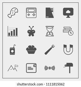 Modern, simple vector icon set with field, cloud, chicken, cake, post, business, cold, beverage, elegance, meal, element, box, fork, file, white, glass, button, paper, message, mailbox, dinner icons