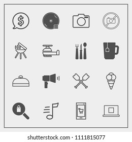 Modern, simple vector icon set with trip, technology, music, tune, ball, female, internet, cd, profile, sign, online, food, dvd, mobile, price, luggage, fashion, tag, phone, boat, melody, app icons