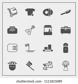 Modern, simple vector icon set with knife, travel, luggage, clothes, pepper, white, money, air, baja, food, balloon, pan, blue, clothing, bag, spice, car, delivery, brush, airport, hygiene, sky icons