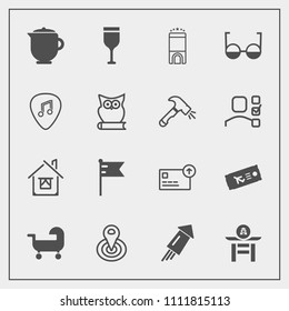 Modern, simple vector icon set with cycle, point, drum, wine, plane, america, cash, culture, drink, building, currency, travel, flight, festival, ticket, home, firework, money, airplane, japan icons