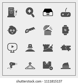 Modern, simple vector icon set with sand, gasoline, document, clothing, cute, folder, space, kid, fuel, shirt, spaceship, sign, white, astronaut, data, hairdryer, t-shirt, baby, zoom, tower, gas icons