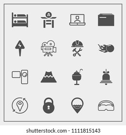 Modern, simple vector icon set with mountain, camera, food, hostel, hotel, communication, cream, construction, technology, business, lava, location, document, call, energy, retro, volcano, japan icons