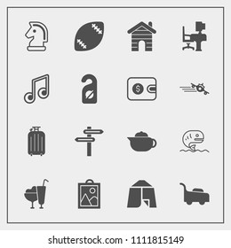 Modern, simple vector icon set with chessboard, sweet, chess, table, teapot, drink, business, luggage, food, adventure, banner, mower, lawn, direction, fish, camp, cream, ball, dessert, ice, bag icons