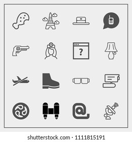 Modern, simple vector icon set with food, sun, glasses, japan, japanese, ringing, camera, view, rocket, paris, fast, france, call, footwear, meal, telephone, communication, plane, envelope, mail icons