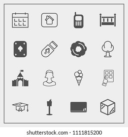 Modern, simple vector icon set with blackboard, timetable, technology, education, wine, food, bottle, dessert, internet, profile, mobile, estate, schedule, modern, cream, holder, template, phone icons