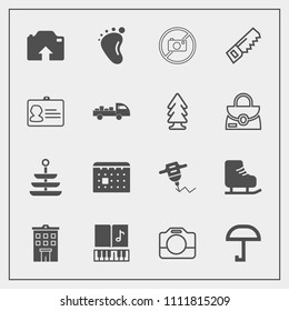 Modern, simple vector icon set with camera, estate, film, drill, ice, equipment, dinner, small, forbidden, upload, calendar, music, newborn, hand, cold, child, business, baby, day, skating, note icons