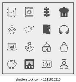 Modern, simple vector icon set with ship, washer, boat, bag, cash, diagram, , stadium, man, data, male, laptop, tent, wireless, radio, adventure, chart, sale, economy, graphic, sport, machine icons
