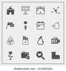 Modern, simple vector icon set with landscape, fruit, camera, leather, business, blossom, template, musical, nature, flower, style, equipment, tower, chocolate, woman, video, drum, dessert, wear icons