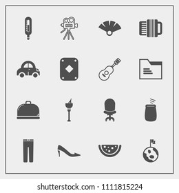 Modern, simple vector icon set with wine, shoe, interior, space, planet, drink, tripod, home, traditional, nature, movie, retro, camera, alcohol, thermometer, sign, percussion, vehicle, fashion icons