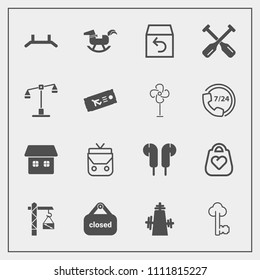 Modern, simple vector icon set with box, banner, saw, object, up, canoe, key, lock, toy, law, pull, vintage, shop, ticket, horse, bag, water, business, old, delivery, oar, home, duck, shipping icons