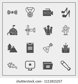 Modern, simple vector icon set with file, landscape, music, folk, plastic, computer, falling, tree, sport, baseball, toy, nature, sign, prize, white, wood, award, sand, star, reward, shiny, high icons