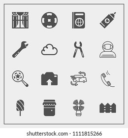 Modern, simple vector icon set with travel, fence, communication, food, curtain, health, summer, passport, honey, interior, home, upload, find, brush, glass, beacon, seamark, search, clean, jar icons