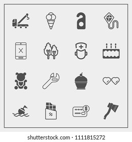 Modern, simple vector icon set with axe, help, cake, bank, sweet, label, dessert, ball, spanner, fashion, motel, sunglasses, toy, card, tool, credit, bar, chocolate, fun, accident, sun, hotel icons