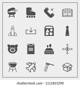 Modern, simple vector icon set with barbecue, finance, cake, business, delivery, travel, doughnut, grill, leisure, plane, water, call, skating, sweet, piglet, investment, book, shower, fun, new icons