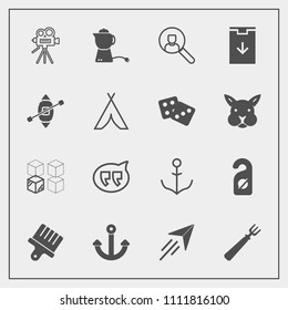 Modern, simple vector icon set with marine, hot, wheel, drink, brush, plane, house, relocation, video, paper, drawing, chat, motel, computer, package, camera, fork, replacement, white, hotel icons