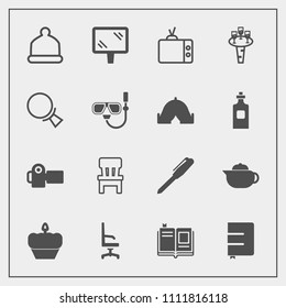Modern, simple vector icon set with textbook, drink, stationery, room, cap, pen, screen, comfortable, television, camera, photographer, chair, alcohol, sweet, home, head, wine, hot, video, food icons