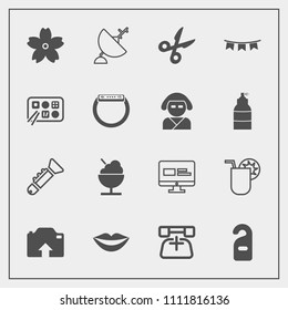 Modern, simple vector icon set with icecream, sakura, beauty, holiday, celebration, photo, trumpet, website, girl, label, tool, web, food, cocktail, flower, teeth, spring, summer, privacy, jazz icons