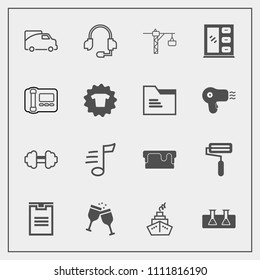 Modern, simple vector icon set with sweet, workout, cake, microphone, package, food, traffic, alcohol, paint, , saw, glass, tune, exercise, technology, construction, roller, musical, test, wine icons