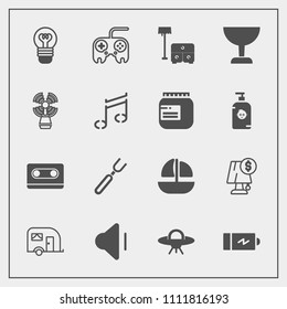 Modern, simple vector icon set with interior, boat, tape, space, bed, vehicle, spoon, power, electric, dinner, retro, music, transportation, vessel, table, transport, button, up, ship, ufo, sofa icons