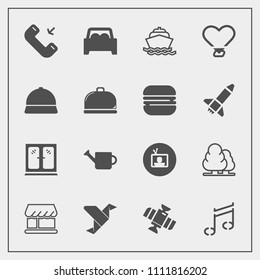 Modern, simple vector icon set with orbit, sign, can, creative, sound, white, shop, screen, planet, technology, yacht, cabinet, station, furniture, ocean, forest, boat, interior, television, car icons