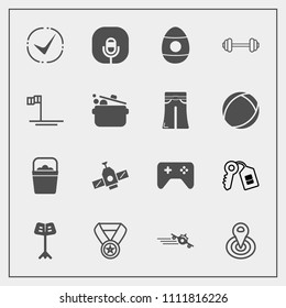 Modern, simple vector icon set with key, handle, exercise, radio, airplane, station, prize, object, orbit, win, holiday, space, decoration, game, workout, departure, music, house, plane, musical icons