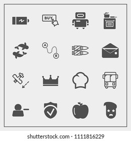 Modern, simple vector icon set with sign, hipster, aircraft, delete, bus, uniform, apple, chief, pictogram, buy, button, security, speed, retro, check, web, battery, cyborg, full, power, travel icons
