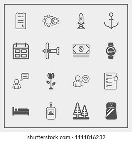 Modern, simple vector icon set with remote, space, blossom, profile, person, seasoning, television, tree, pepper, technology, communication, bill, travel, estate, salt, food, landscape, flower icons
