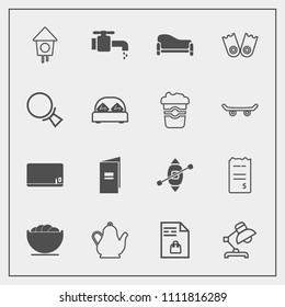 Modern, simple vector icon set with brochure, shopping, money, room, market, paper, school, finance, travel, list, birdhouse, water, book, notebook, drink, bathroom, kettle, interior, chalk, tap icons