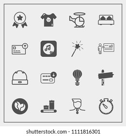 Modern, simple vector icon set with fashion, coffee, bag, place, bedroom, child, business, finance, aircraft, hat, clothes, cap, parachute, first, luggage, helicopter, money, competition, jump icons