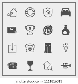 Modern, simple vector icon set with music, phone, sweet, real, cream, inflatable, key, download, technology, pants, wine, protection, sign, food, search, trumpet, white, summer, woman, elegant,  icons