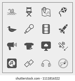 Modern, simple vector icon set with no, clothing, cloud, music, audio, stereo, wildlife, addiction, communication, blue, seat, animal, pool, hyperlink, water, cigarette, speaker, travel, leisure icons