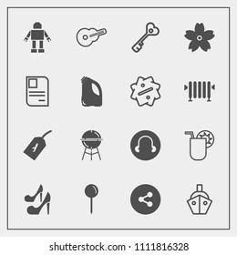 Modern, simple vector icon set with technology, musical, female, high, sea, drop, cooking, map, barbecue, bbq, spring, door, cocktail, drink, blossom, flight, pin, music, social, media, cherry icons