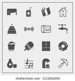 Modern, simple vector icon set with cream, pot, location, meal, work, sweet, liquid, music, drink, desk, glass, note, beverage, food, coffee, musical, dinner, dessert, espresso, dish, caffeine icons