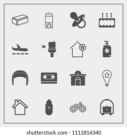 Modern, simple vector icon set with location, business, pacifier, room, cake, tape, lifestyle, hotel, infant, bike, home, brick, cell, vacation, equipment, mobile, cycle, real, luxury, house icons