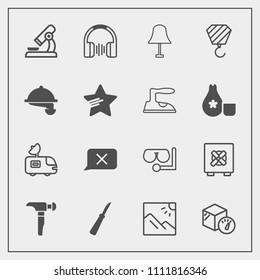 Modern, simple vector icon set with security, television, knife, glass, laboratory, tv, closed, package, sea, construction, mask, sound, travel, light, lamp, hammer, kitchen, antenna, box, van icons